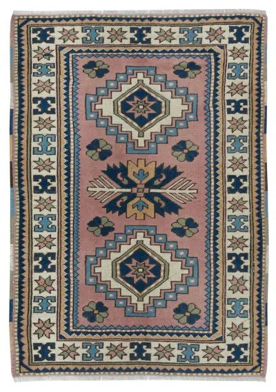 Pre-owned 1stdibs 3.5x5 Ft Vintage Hand-knotted Rug – Dusty Pink, Blue And Ivory Wool Accent Rug In White