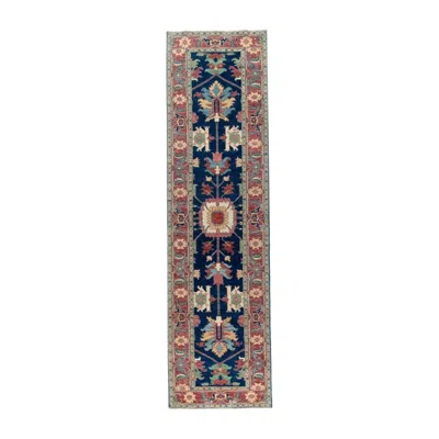Pre-owned 1stdibs 3x12 Hand-knotted Afghan Serapi Tribal Wool Runner, Navy Medallion In Blue