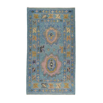 Pre-owned 1stdibs 3x5 Hand-knotted Turkish Oushak Wool Rug, Soft Teal Double Medallion In Green