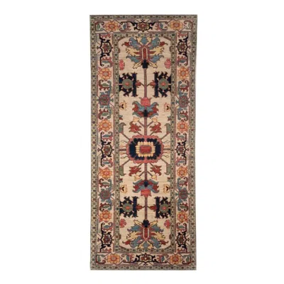 Pre-owned 1stdibs 3x8 Hand-knotted Afghan Serapi Tribal Wool Runner, Ivory Medallion In White
