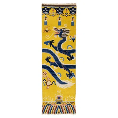 Pre-owned 1stdibs 3x9 Antique Chinese Dragon Runner – Hand-knotted Wool – Imperial Yellow & Indigo