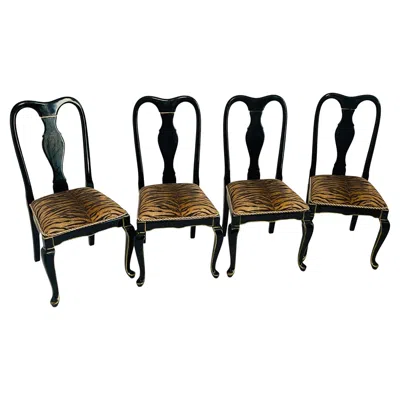 Pre-owned 1stdibs 4 Dining Chairs Queen Ann Style Black Lacquer Tapestry