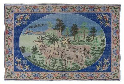 Pre-owned 1stdibs 40"x63" Vintage Deer Rug, Handmade Wall Hanging, Pictorial Tree & Floral Art Rug In Gray