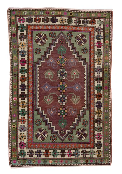 Pre-owned 1stdibs 4.3x5.3 Ft Colorful Vintage Hand Knotted Geometric Turkish Accent Rug, 100% Wool In Brown