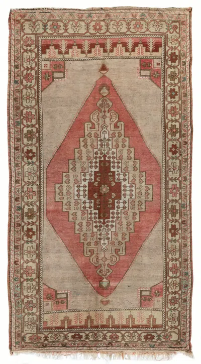 Pre-owned 1stdibs 4.5x8.6 Ft Handmade 1950s Turkish Village Rug With Geometric Medallion, All Wool In Brown