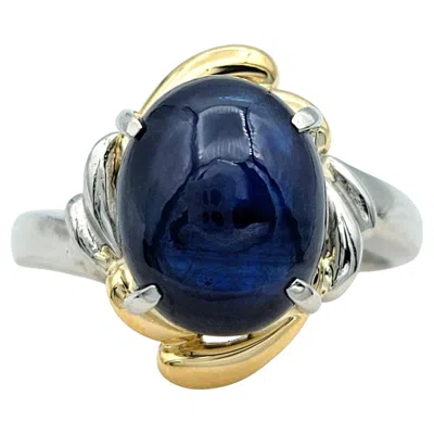 Pre-owned 1stdibs 5.68 Carat Oval Cabochon Blue Sapphire Ring In Platinum And 18 Karat Yellow Gold