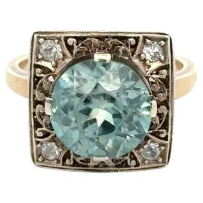 Pre-owned 1stdibs 6 Carat Blue Zircon And Diamond Platinum On 18k Vintage Edwardian Filigree Ring
