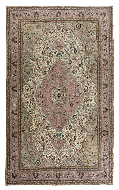 Pre-owned 1stdibs 6.4x10.4 Ft One Of A Pair Vintage Handmade Wool Rug In Sage Green, Rose & Ivory In White