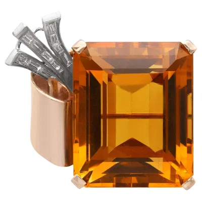 Pre-owned 1stdibs 71.96 Carat Citrine And 1.05 Carat Diamond And 14k Yellow Gold Brooch - Vintage