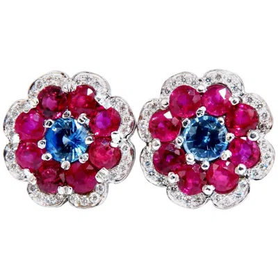 Pre-owned 1stdibs 7.30carat Natural Ruby Sapphire Diamond Cluster Earrings 14 Karat Clip Cocktail* In Blue