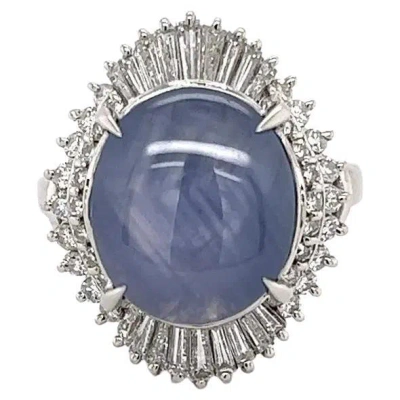 Pre-owned 1stdibs 7.40 Carat Star Sapphire And Diamond Platinum Vintage Statement Ring In Blue