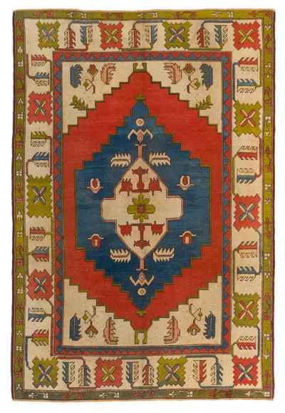 Pre-owned 1stdibs 7.6x11 Ft Vintage Turkish Wool Area Rug. Blue And Red Geometric Medallion Design