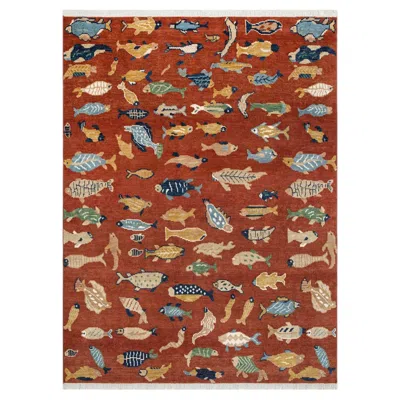 Pre-owned 1stdibs 8x10 Red Colorful Fishes Plush Feel Wool Hand Knotted Rug ( G - 14133 )