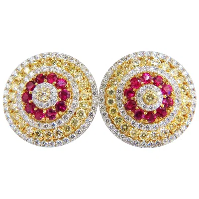 Pre-owned 1stdibs 9.55ct Natural Ruby Diamonds Cluster Earrings 18k Circular Dome Omega Clips* In Multi