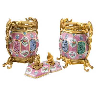 Pre-owned 1stdibs Amazing Pair Of " Pink Family" Hexagonal Porcelain Vases, China, 19th Century
