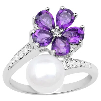 Pre-owned 1stdibs Amethyst And Pearl Bypass Flower Ring With White Zircons