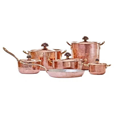 Pre-owned 1stdibs Amoretti Brothers Hammered Copper Cookware Set Of 11 With Flower Lid In Gold