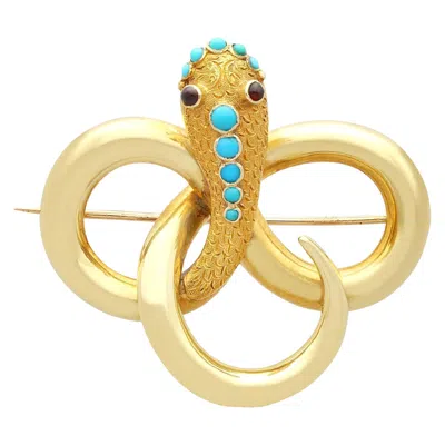 Pre-owned 1stdibs Antique 0.37 Carat Turquoise And Garnet Yellow Gold Snake Brooch
