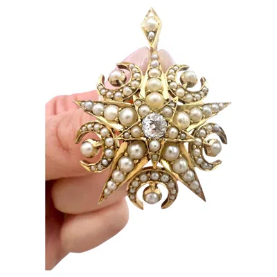 Pre-owned 1stdibs Antique 15ct Gold, Edwardian Diamond & Seed Pearl Crescent Star Brooch / Pendent In Multi