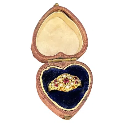 Pre-owned 1stdibs Antique 15ct Gold Victorian Garnet & Seed Pearl Ring With Engraved Shoulders In Multi