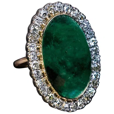 Pre-owned 1stdibs Antique 19 Carat Cabochon Cut Emerald Diamond Ring In Green
