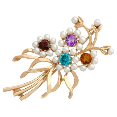 Pre-owned 1stdibs Antique 1920s 1.28 Carat Multi-gemstone And Pearls Yellow Gold Brooch