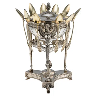 Pre-owned 1stdibs Antique 19thc French Empire Solid Silver Confiturier & Twelve Spoons Set C.1800 In Brown