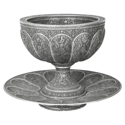 Pre-owned 1stdibs Antique 20thc Persian Silver Plated Ghalamzani Bowl On Stand, Isfahan C.1900