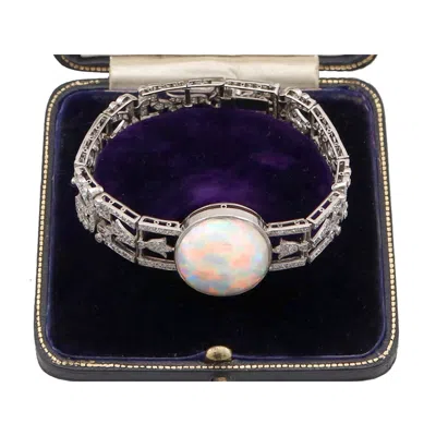 Pre-owned 1stdibs Antique 24.66ct Oval Cut Opal And 9.81ct Diamond Platinum Bracelet In Multi