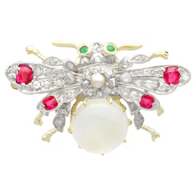 Pre-owned 1stdibs Antique 3.10ct Moonstone, Ruby, Emerald, Diamond And Pearl, Yellow Gold Brooch