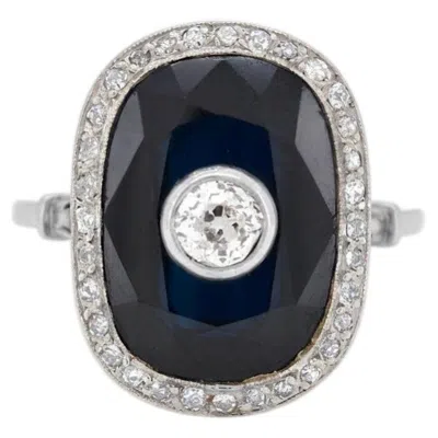 Pre-owned 1stdibs Antique Art Deco Cocktail Ring — 10-15ct Natural Sapphire & Old-cut Diamond In Blue