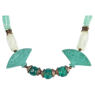 Pre-owned 1stdibs Antique Art Deco French Lampwork Glass Galalith Fans Silver Rondelles Necklace In Multi