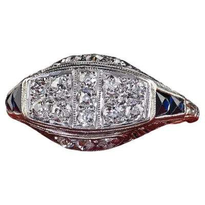 Pre-owned 1stdibs Antique Art Deco Old Mine Diamond And Sapphire Filigree Saddle Ring In Blue