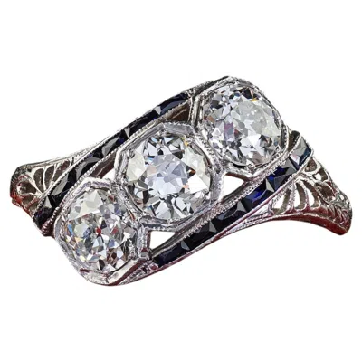 Pre-owned 1stdibs Antique Art Deco Platinum Old European Diamond Sapphire Three Stone Ring In Blue