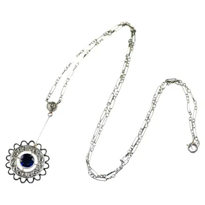Pre-owned 1stdibs Antique Art Deco Platinum Sapphire And Old Euro Diamond Floral Pendant Necklace In Blue
