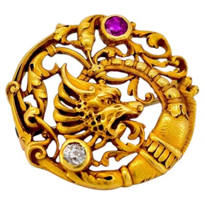 Pre-owned 1stdibs Antique Art Nouveau 18k Gold Chimera Brooch, Ruby & Diamond - Andre Kauffer In Multi