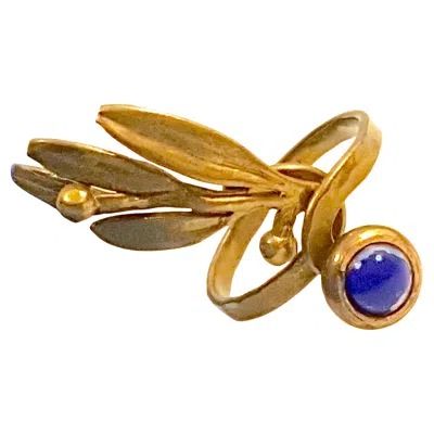 Pre-owned 1stdibs Antique Bezel Set Lapis Cabochon Gold Greek Laurel Hand Hammered Ring In Multi