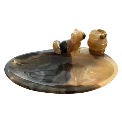 Pre-owned 1stdibs Antique Black Agate Pekingese Dog Mounted Ashtray / Match Strike