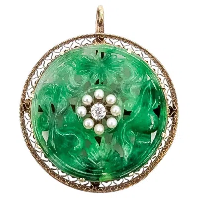 Pre-owned 1stdibs Antique Carved Jade, Pearl & Diamond Brooch Pendant In 14k Yellow Gold