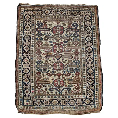 Pre-owned 1stdibs Antique Caucasian Shirvan Perpedil Area Rug, Cream Field, Wool, 1890s, 4' X 5' In White
