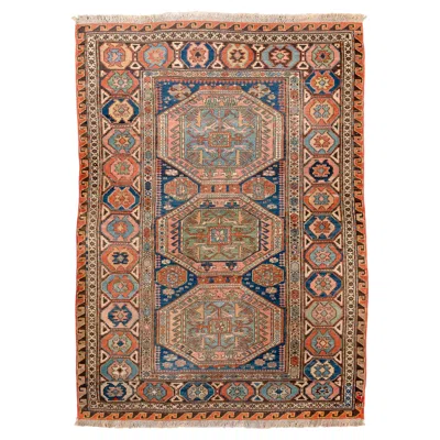 Pre-owned 1stdibs Antique Caucasian Sumak Rug With Triple Medallion Design In Blue And Coral In Red