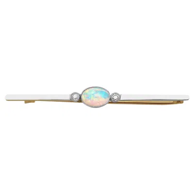 Pre-owned 1stdibs Antique Circa 1910 15k Yellow Gold Opal Diamond Bar Brooch, 0.68ct