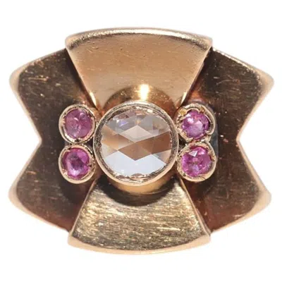 Pre-owned 1stdibs Antique Circa 1940s 18k Gold Estate Natural Rose Cut Diamond And Ruby Tank Ring In Red