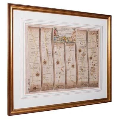 Pre-owned 1stdibs Antique Coaching Map, Salisbury To Campden, English, Framed Cartography, Ogilby In Sand