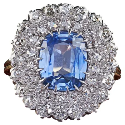 Pre-owned 1stdibs Antique Edwardian 14k Gold Platinum Old Mine Diamond Ceylon Sapphire Ring - Gia In Blue