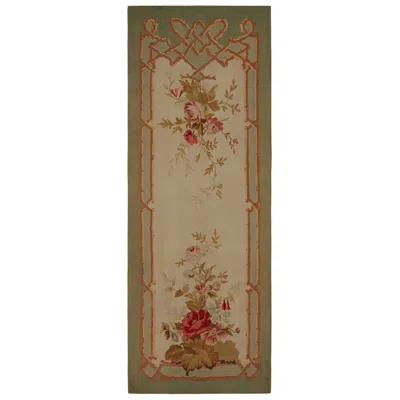 Pre-owned 1stdibs Antique Floral Aubusson Tapestry Runner Rug In Cream & Green, From Rug & Kilim In White