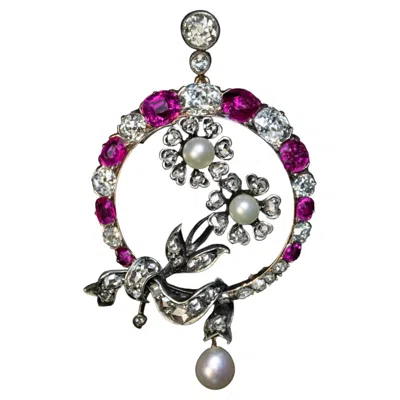 Pre-owned 1stdibs Antique Floral Motif Ruby Pearl Diamond Pendant C. 1880 Ref: 854750 In Multi