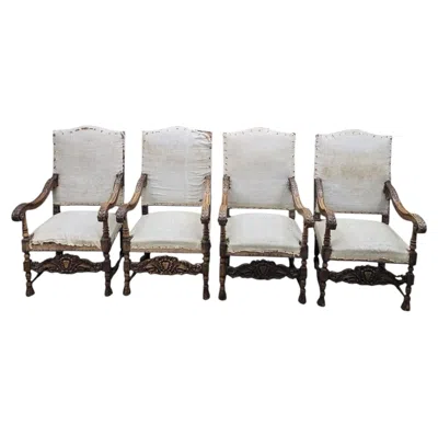 Pre-owned 1stdibs Antique French Henri Ii Renaissance Revival Carved Throne Armchairs – 4 In Brown