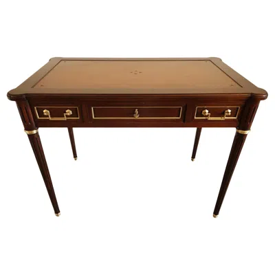 Pre-owned 1stdibs Antique French Louis Xvi Writing Desk Cognac Leather, Bronze & Brass In Brown