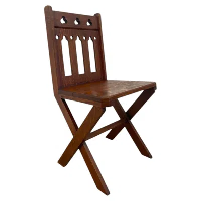 Pre-owned 1stdibs Antique Gothic Revival Oak X-frame Accent Chair. In Brown